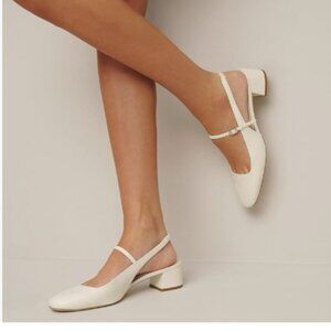 miss left White Round Toe Slingback Pumps Block Low Heel Buckled Comfy Sandals